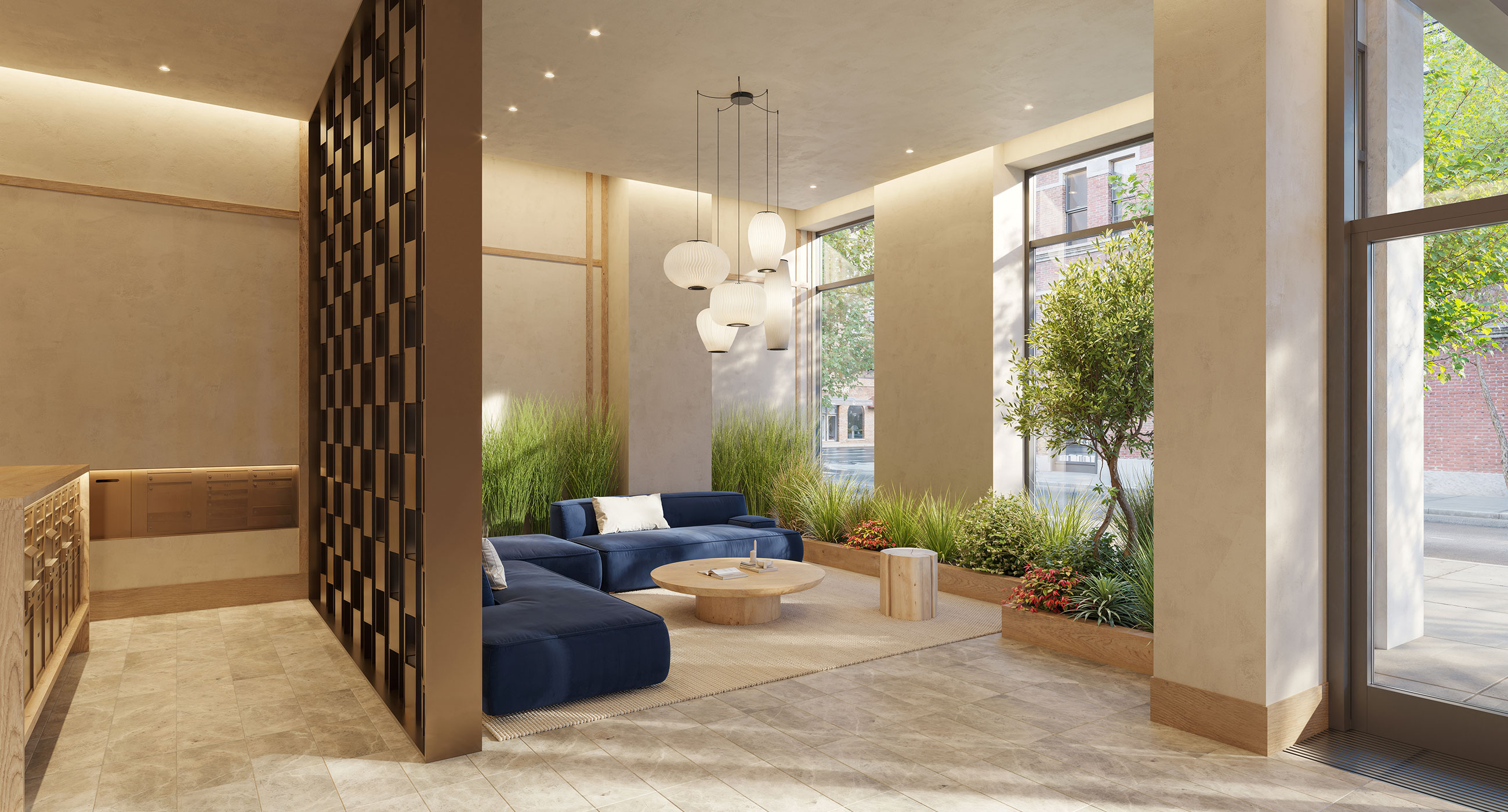 Lobby lounge at The Lotus NYC apartment with sofa seating and natural greenery at 255 East 39th Street in Murray Hill.